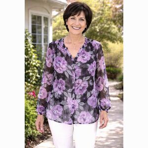 Croft & Barrow 1X Sheer Floral Blouse Purple Black Long Sleeve Button Front